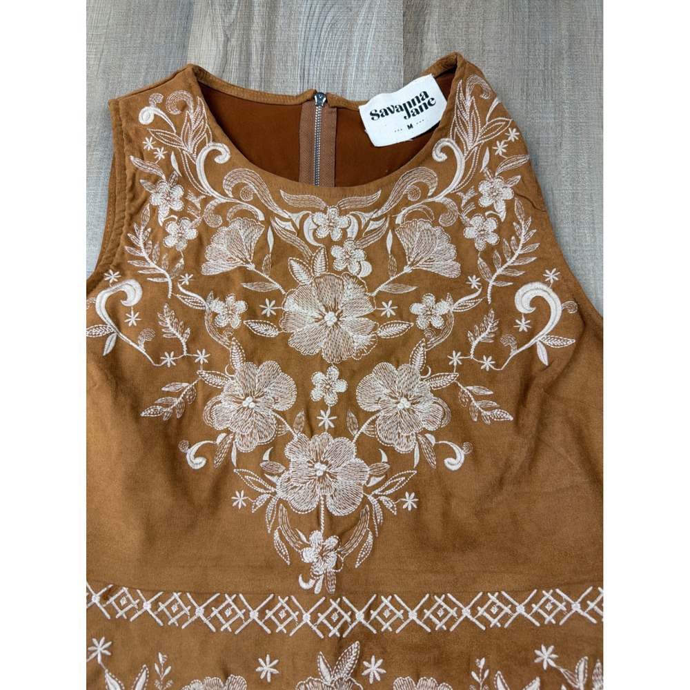 Savanna Jane Brown Faux Suede Embroidered Floral Mini Dress Sleeveless Medium - Picture 4 of 7